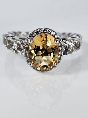 Natural Yellow Citrine & White Topaz Ring Sterling Silver Size 8!